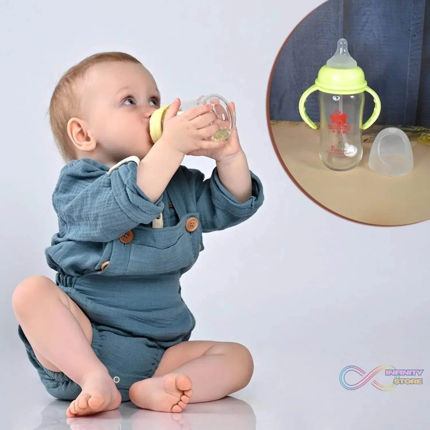 Glass Baby Feeding Bottle with Handles & Straw (240 ML / 1 Pc) - infinityexculsivestore.com