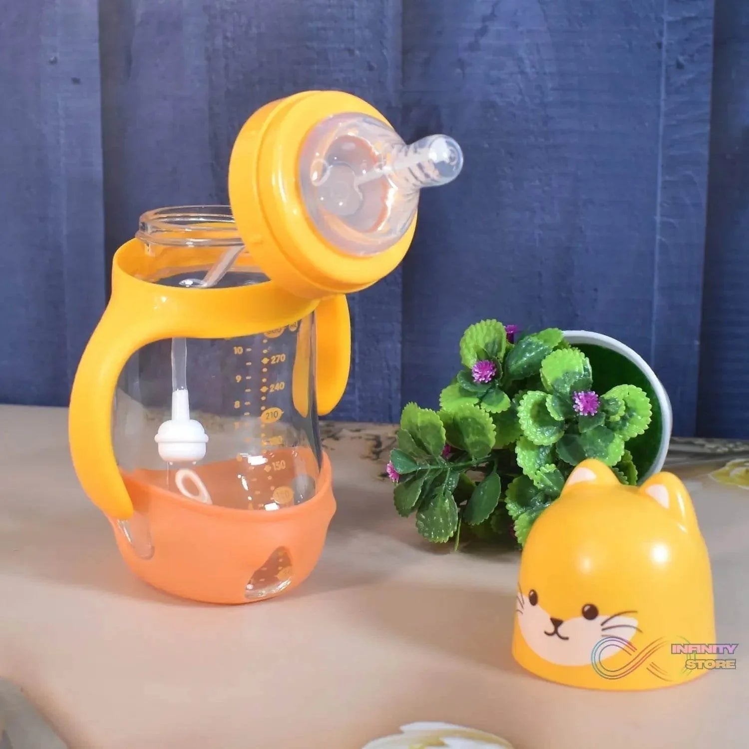 Glass Baby Feeding Bottle with Handles & Straw (300 ML / 1 Pc) - infinityexculsivestore.com