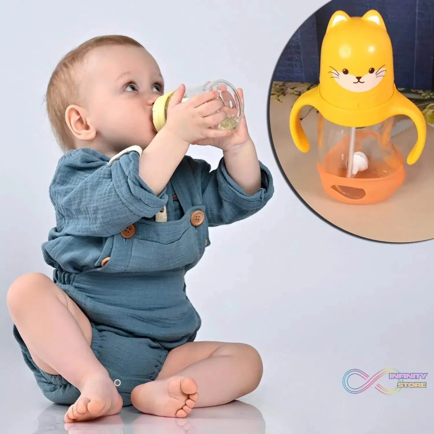 Glass Baby Feeding Bottle with Handles & Straw (300 ML / 1 Pc) - infinityexculsivestore.com