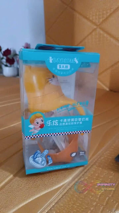 Glass Baby Feeding Bottle with Handles & Straw (300 ML / 1 Pc) - infinityexculsivestore.com