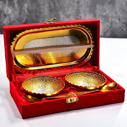 Gold Silver Plated 2 Bowl 2 Spoon Tray Set Brass with Red Velvet Gift Box Serving Dry Fruits Desserts Gift - infinityexculsivestore.com