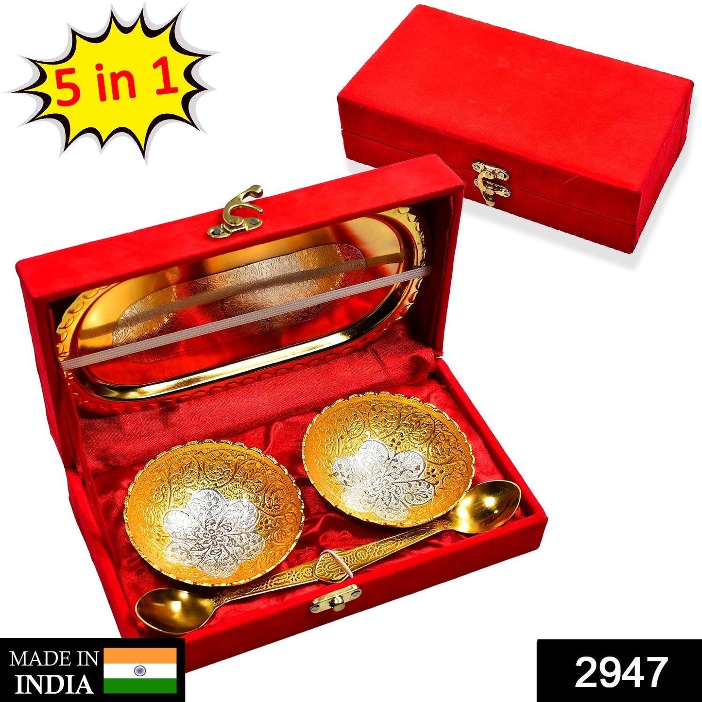 Gold Silver Plated 2 Bowl 2 Spoon Tray Set Brass with Red Velvet Gift Box Serving Dry Fruits Desserts Gift - infinityexculsivestore.com