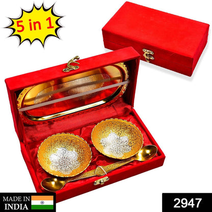 Gold Silver Plated 2 Bowl 2 Spoon Tray Set Brass with Red Velvet Gift Box Serving Dry Fruits Desserts Gift - infinityexculsivestore.com