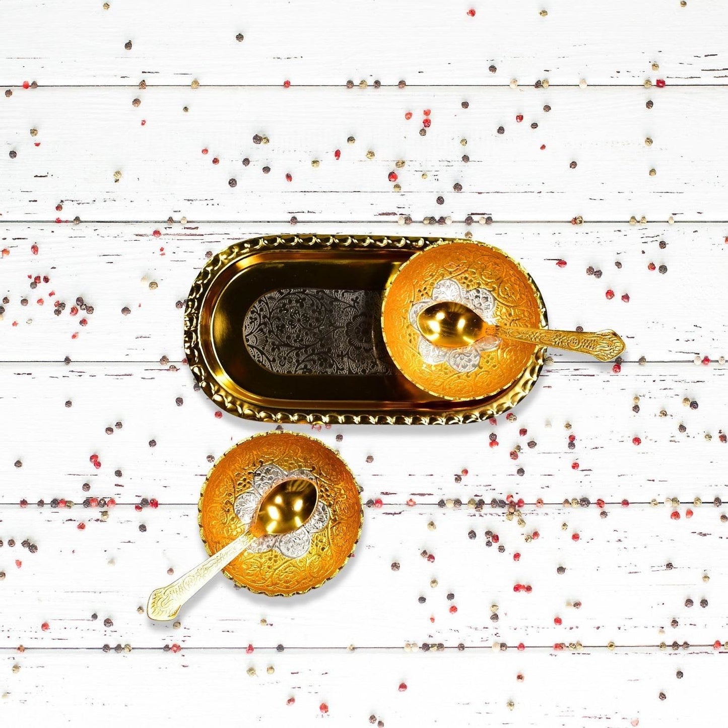 Gold Silver Plated 2 Bowl 2 Spoon Tray Set Brass with Red Velvet Gift Box Serving Dry Fruits Desserts Gift - infinityexculsivestore.com