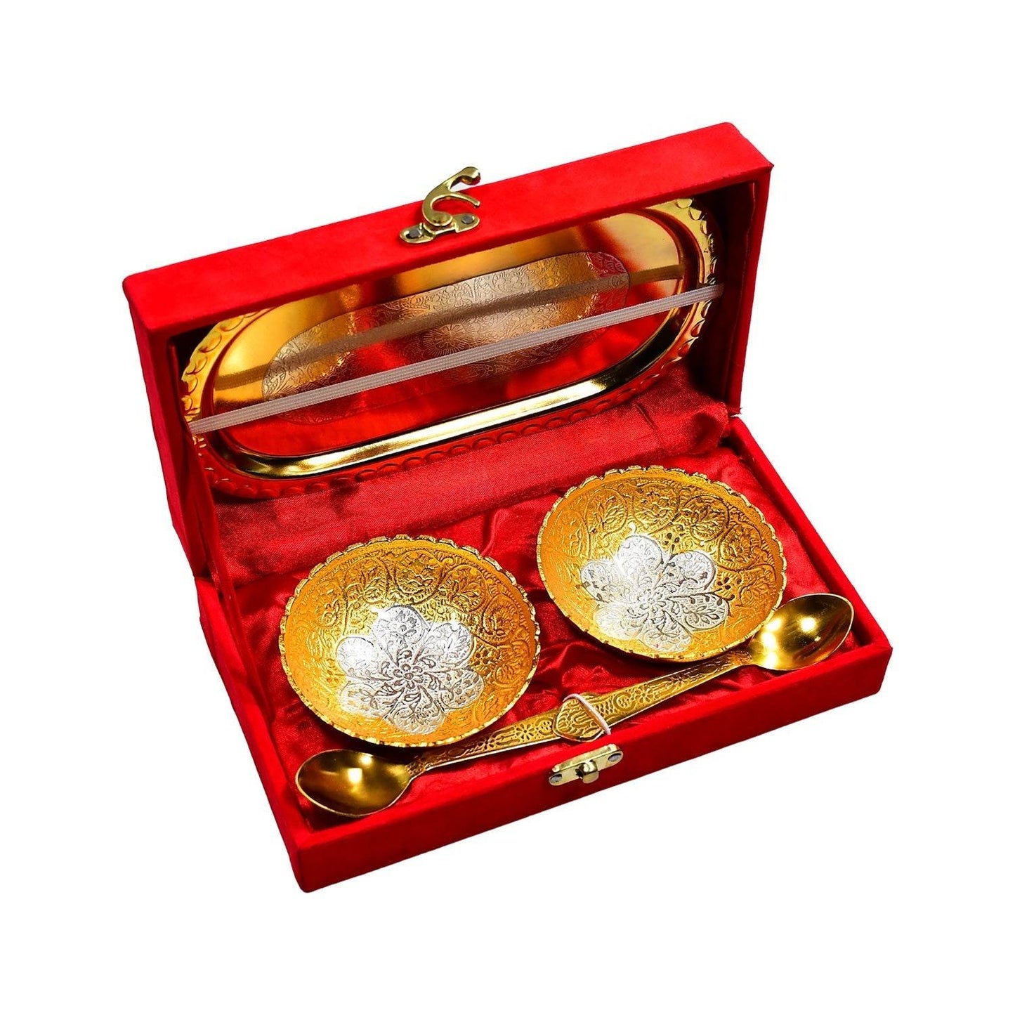 Gold Silver Plated 2 Bowl 2 Spoon Tray Set Brass with Red Velvet Gift Box Serving Dry Fruits Desserts Gift - infinityexculsivestore.com