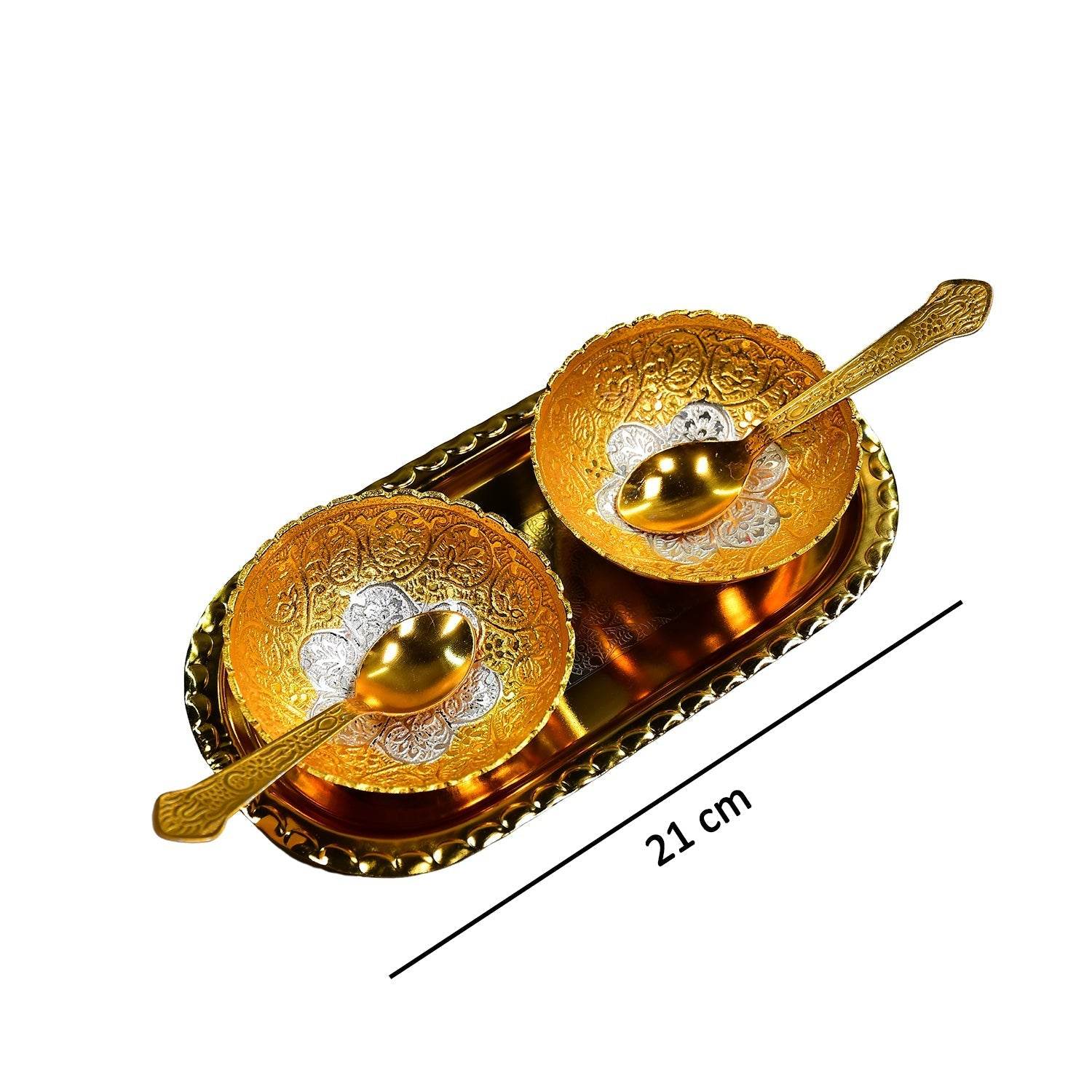 Gold Silver Plated 2 Bowl 2 Spoon Tray Set Brass with Red Velvet Gift Box Serving Dry Fruits Desserts Gift - infinityexculsivestore.com