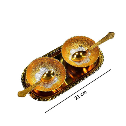 Gold Silver Plated 2 Bowl 2 Spoon Tray Set Brass with Red Velvet Gift Box Serving Dry Fruits Desserts Gift - infinityexculsivestore.com