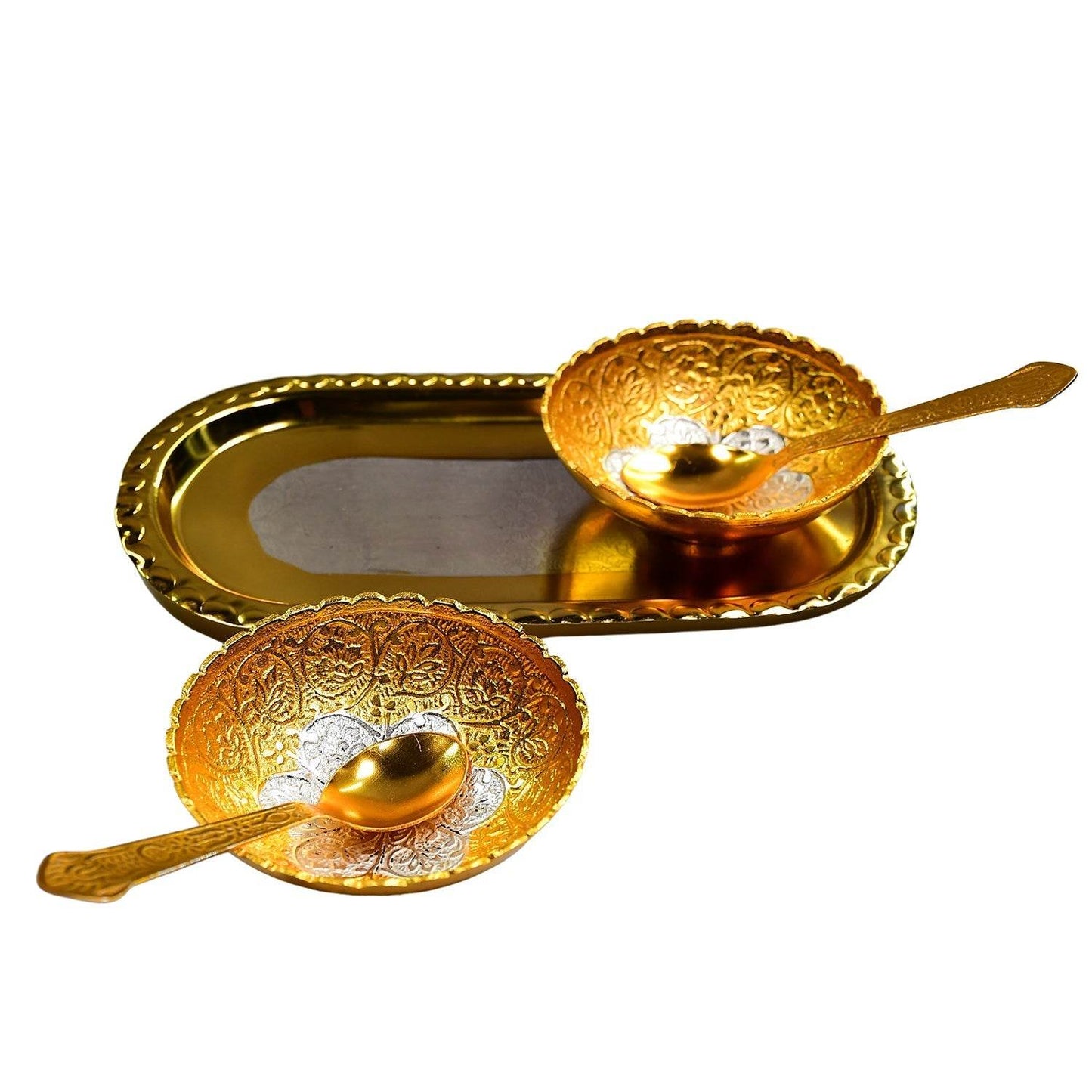 Gold Silver Plated 2 Bowl 2 Spoon Tray Set Brass with Red Velvet Gift Box Serving Dry Fruits Desserts Gift - infinityexculsivestore.com