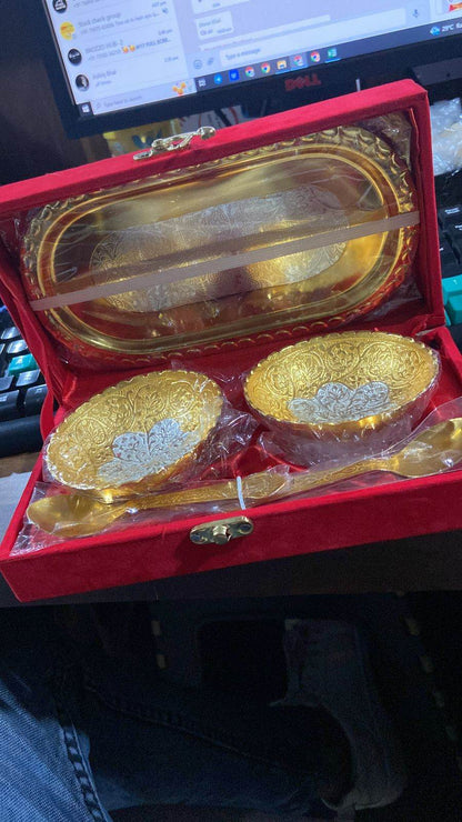 Gold Silver Plated 2 Bowl 2 Spoon Tray Set Brass with Red Velvet Gift Box Serving Dry Fruits Desserts Gift - infinityexculsivestore.com