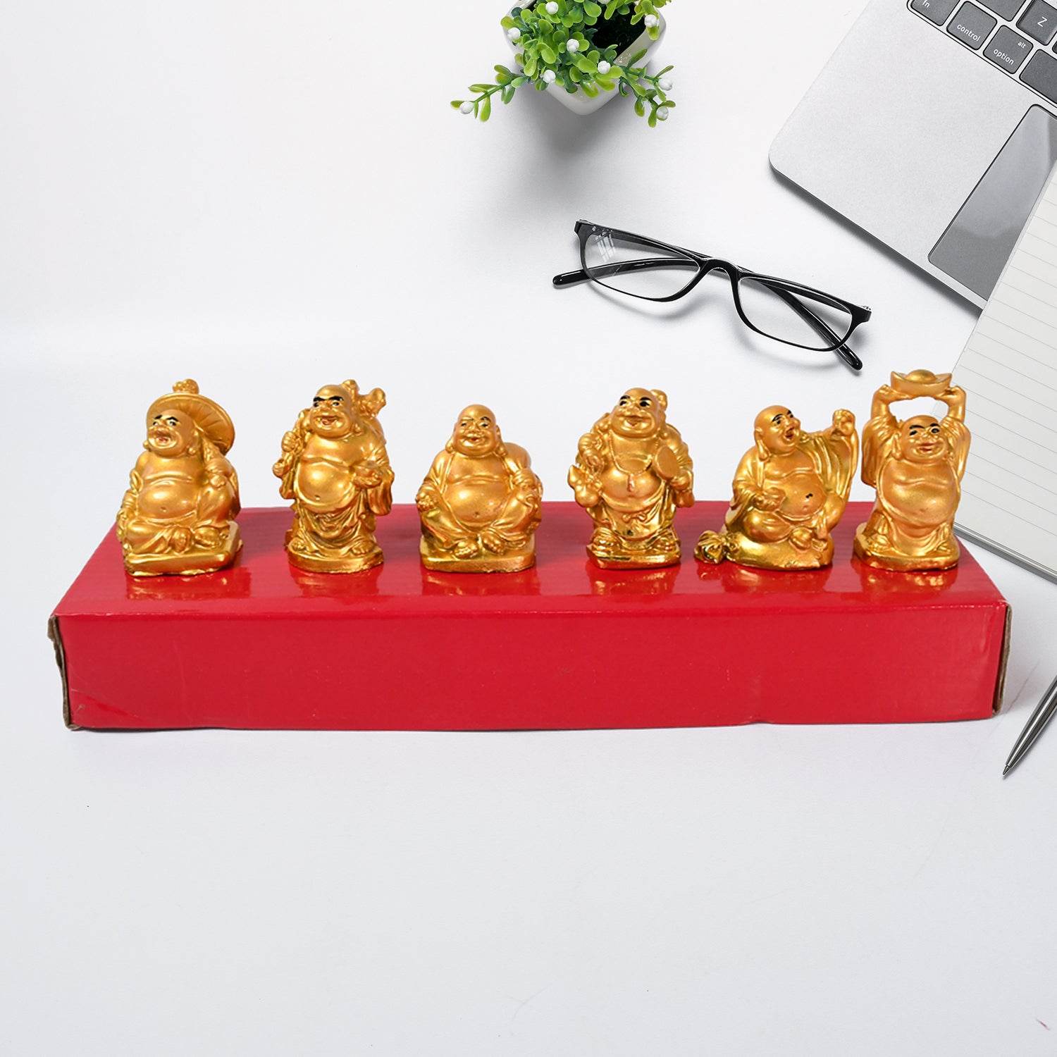 Golden Laughing Buddha Set Of Six Pieces Statue For Happiness, Wealth & Good luck Decor For Wealth and Success (6 Pcs Set) - infinityexculsivestore.com