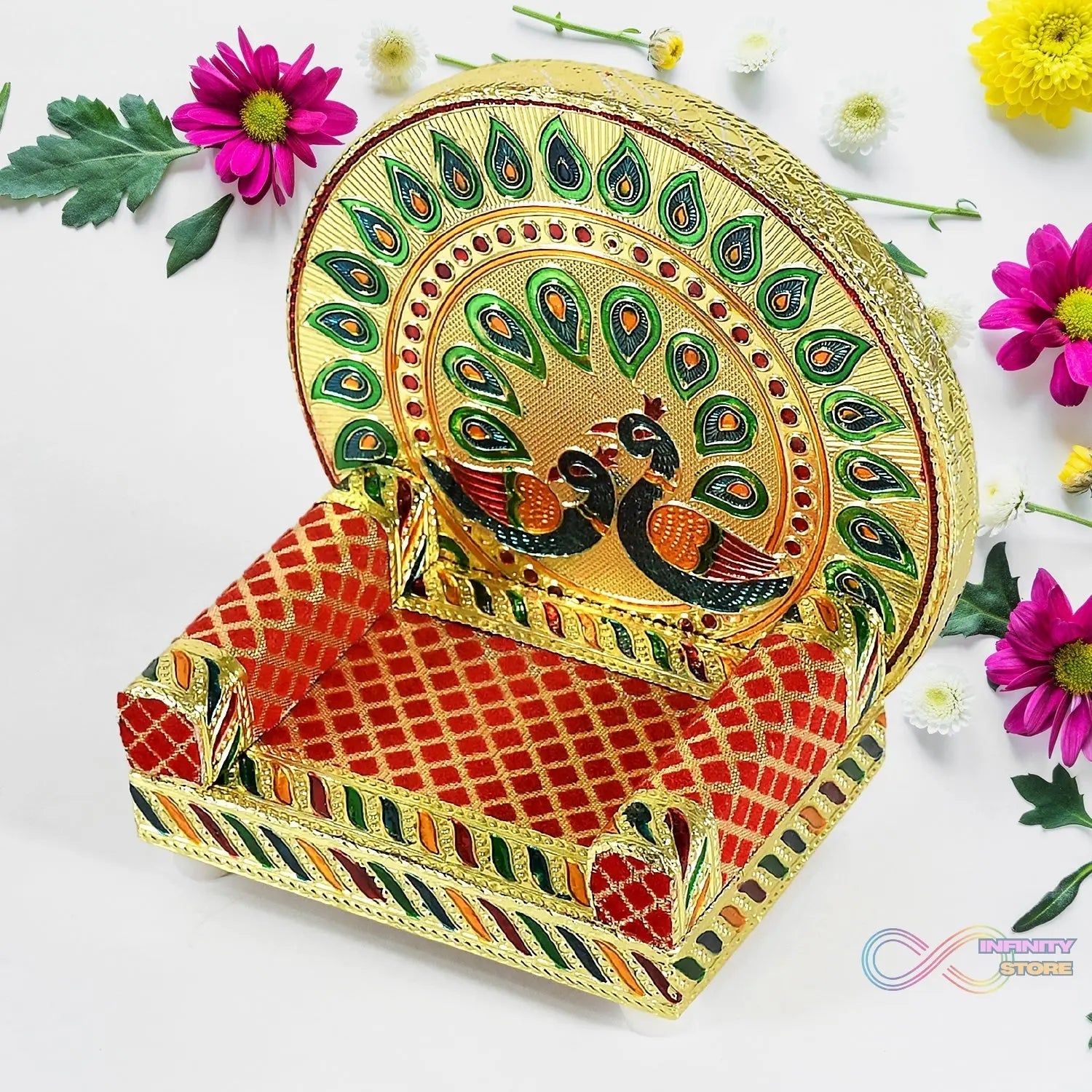 Meenakari Work Laddu Gopal Singhasan for Pooja Mandir Wooden Krishna Ladoo Bal Gopal Sofa Asan, Home Decorative Premium Look Decorative Singhasan Suitable For Home, Office, Restaurant (2 Pc Set) - infinityexculsivestore.com