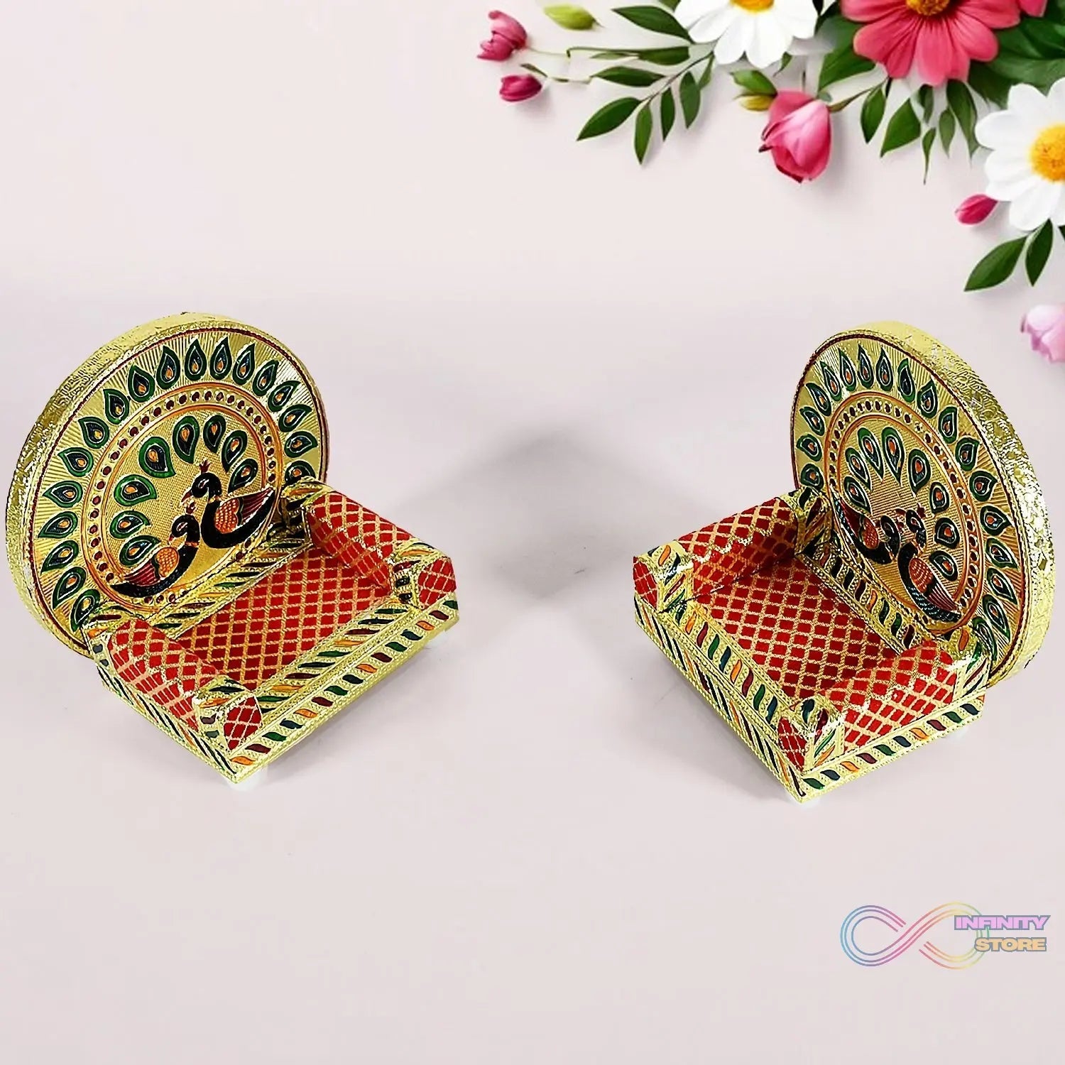 Meenakari Work Laddu Gopal Singhasan for Pooja Mandir Wooden Krishna Ladoo Bal Gopal Sofa Asan, Home Decorative Premium Look Decorative Singhasan Suitable For Home, Office, Restaurant (2 Pc Set) - infinityexculsivestore.com