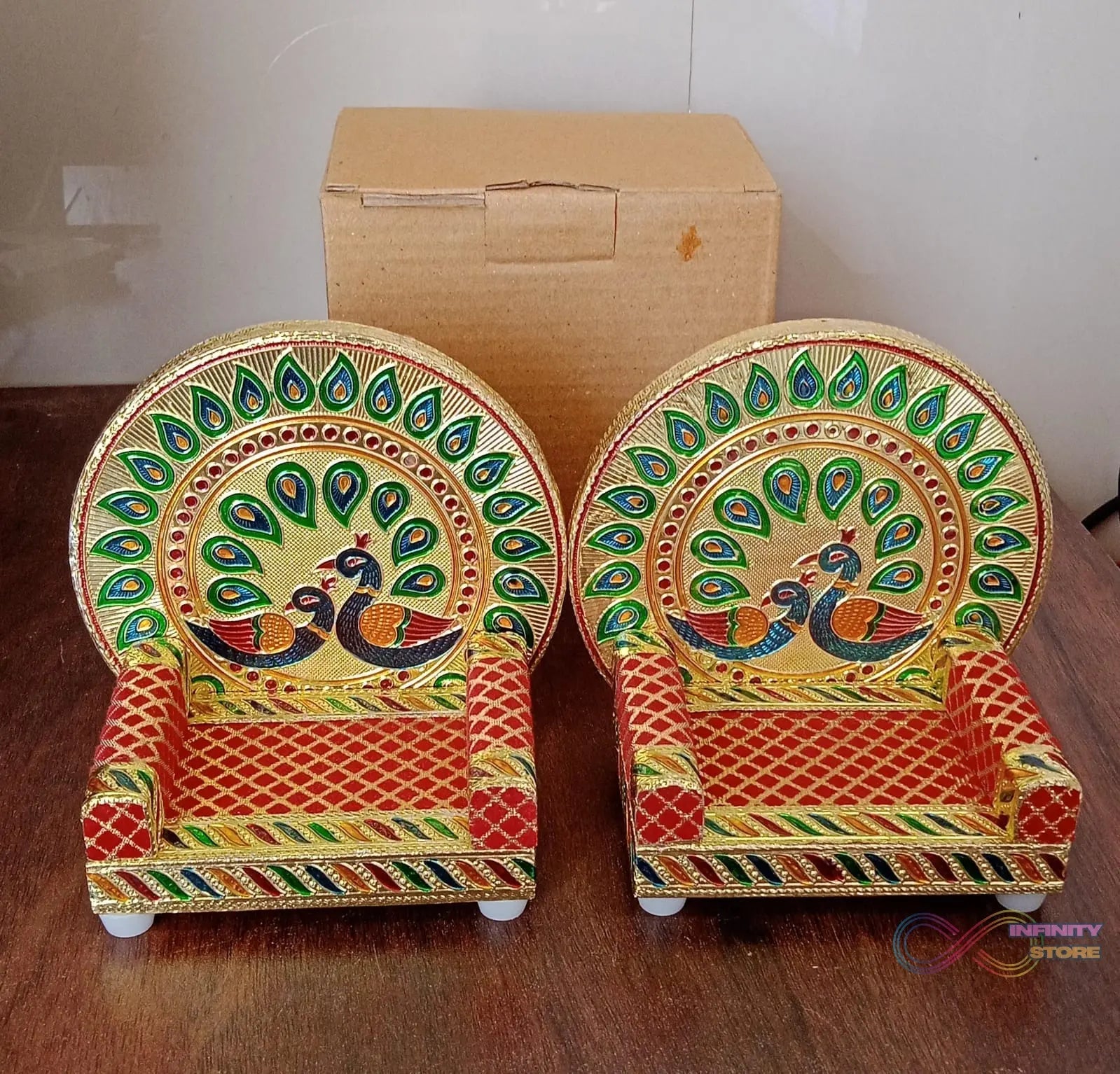 Meenakari Work Laddu Gopal Singhasan for Pooja Mandir Wooden Krishna Ladoo Bal Gopal Sofa Asan, Home Decorative Premium Look Decorative Singhasan Suitable For Home, Office, Restaurant (2 Pc Set) - infinityexculsivestore.com