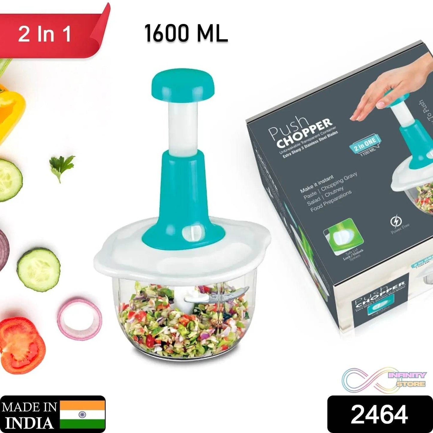 Hand Press Fruits and Vegetable 2 in 1 Push Chopper for Kitchen, 3 Sharp Stainless Steel Blades (1600Ml) - infinityexculsivestore.com