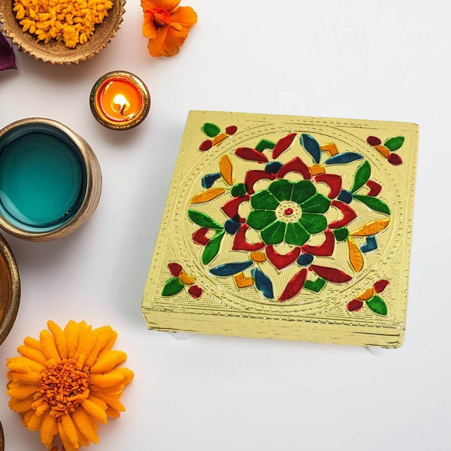Handicraft Wood Chowki for Pooja , Wooden Bajot for Sitting, Multipurpose Stool (Multi color) (1 Pc) - infinityexculsivestore.com