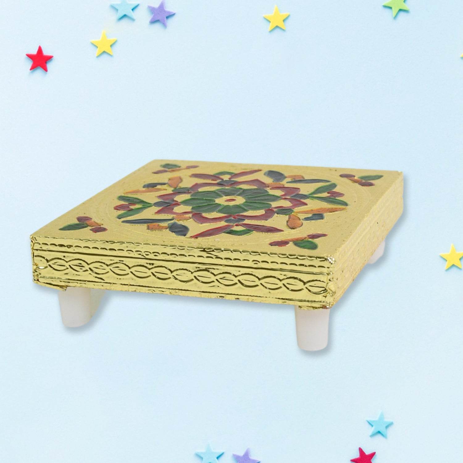 Handicraft Wood Chowki for Pooja , Wooden Bajot for Sitting, Multipurpose Stool (Multi color) (1 Pc) - infinityexculsivestore.com