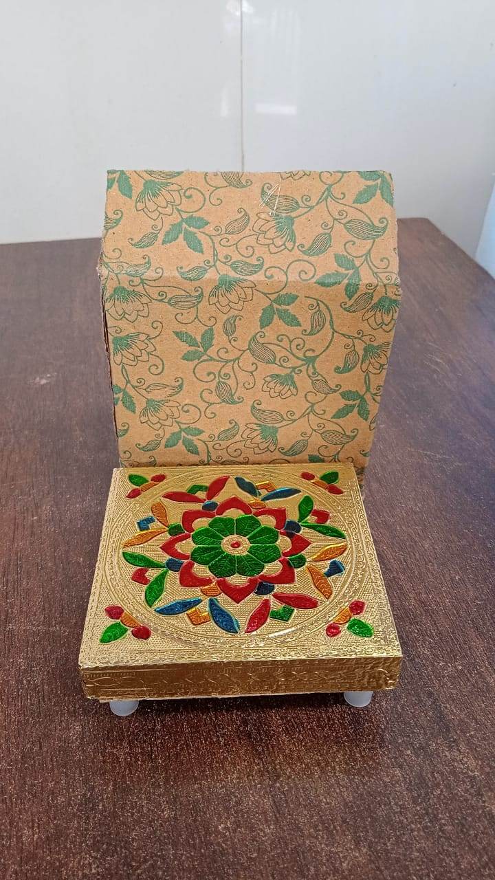 Handicraft Wood Chowki for Pooja , Wooden Bajot for Sitting, Multipurpose Stool (Multi color) (1 Pc) - infinityexculsivestore.com