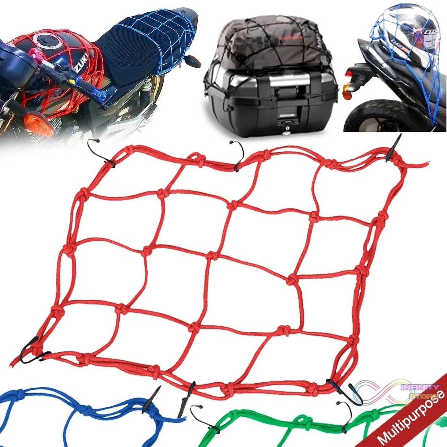 Heavy-Duty Elastic Bungee Cargo Net Mesh Holder - 4 Adjustable Hooks for Motorcycle Tank and Helmet, Octopus Holder for Backpacks and Helmets - infinityexculsivestore.com