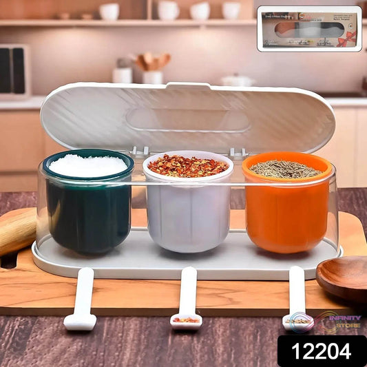Home Kitchen 3 Grid Seasoning Spice / Masala Box Kit with Spoon (Multicolor / 1 Set) - infinityexculsivestore.com