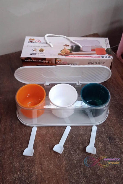 Home Kitchen 3 Grid Seasoning Spice / Masala Box Kit with Spoon (Multicolor / 1 Set) - infinityexculsivestore.com