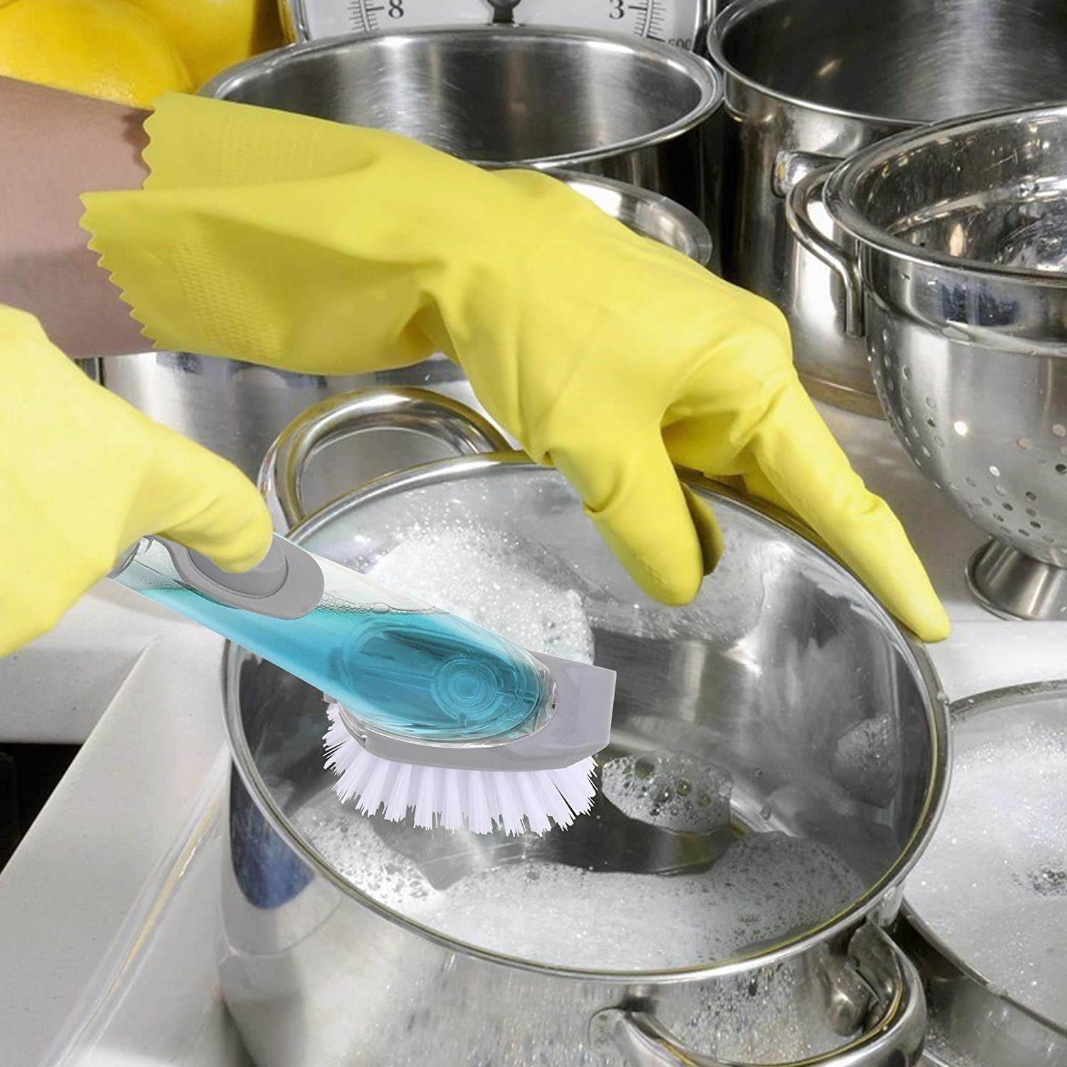 Home & Kitchen Cleaning Brushes, Scrubber, Soap Dispenser Scrub Brush for Pans Pots and Bathtub Sink (2 In 1) - infinityexculsivestore.com