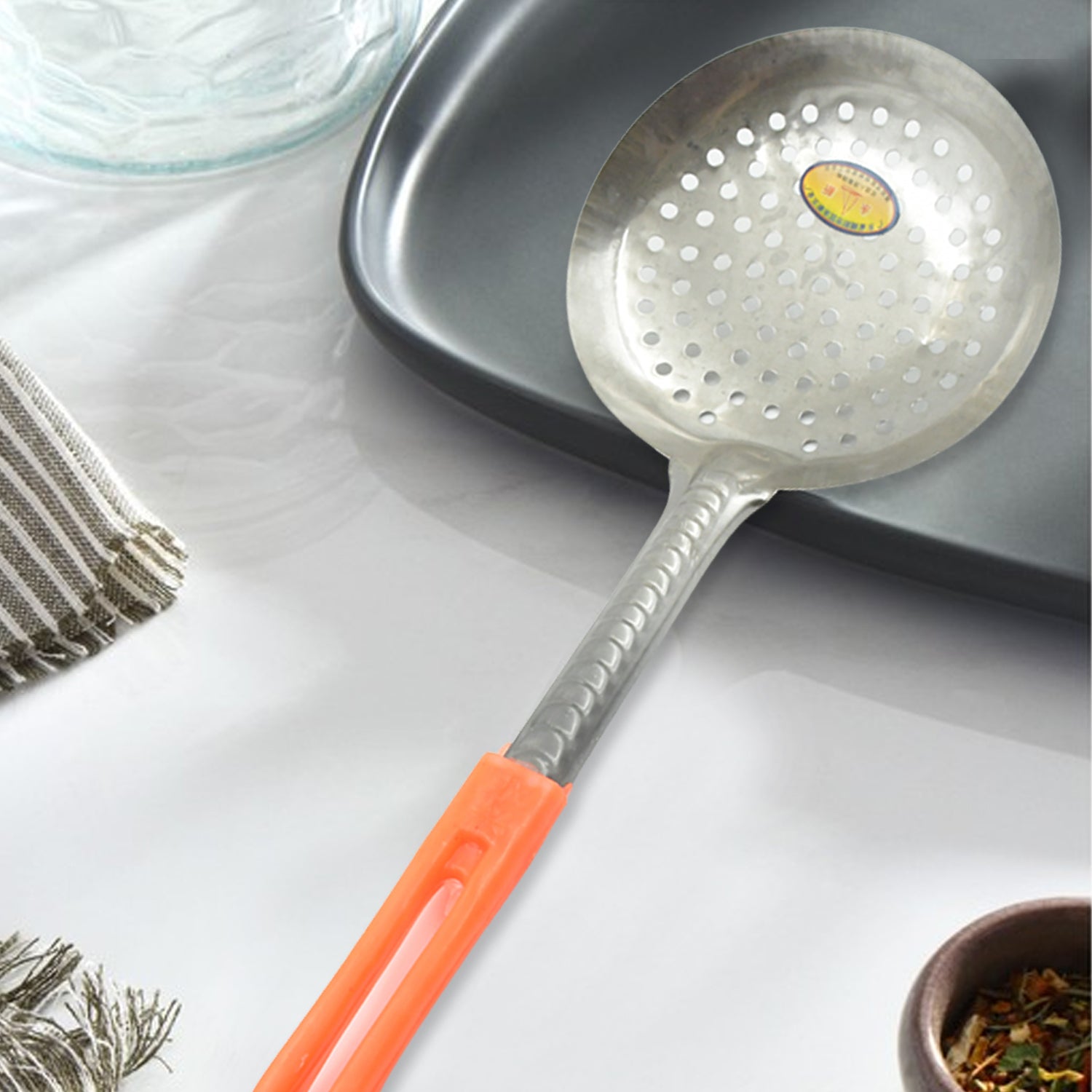Colander Spoon, Non Slip Hand Polished Thickened Hot Pot Spoon for Kitchen for Restaurant, Stainless Steel Cooking Colander Skimmer Slotted Spoon Kitchen Strainer Ladle with Long Handle for Kitchen Cooking Baking (35 Cm) - infinityexculsivestore.com