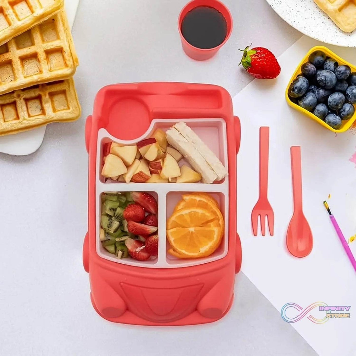 Kid's Car Shaped Plates Cup / Lunch Box Dinnerware Set (4 Pcs Set / 1000 ML Lunch Box) - infinityexculsivestore.com