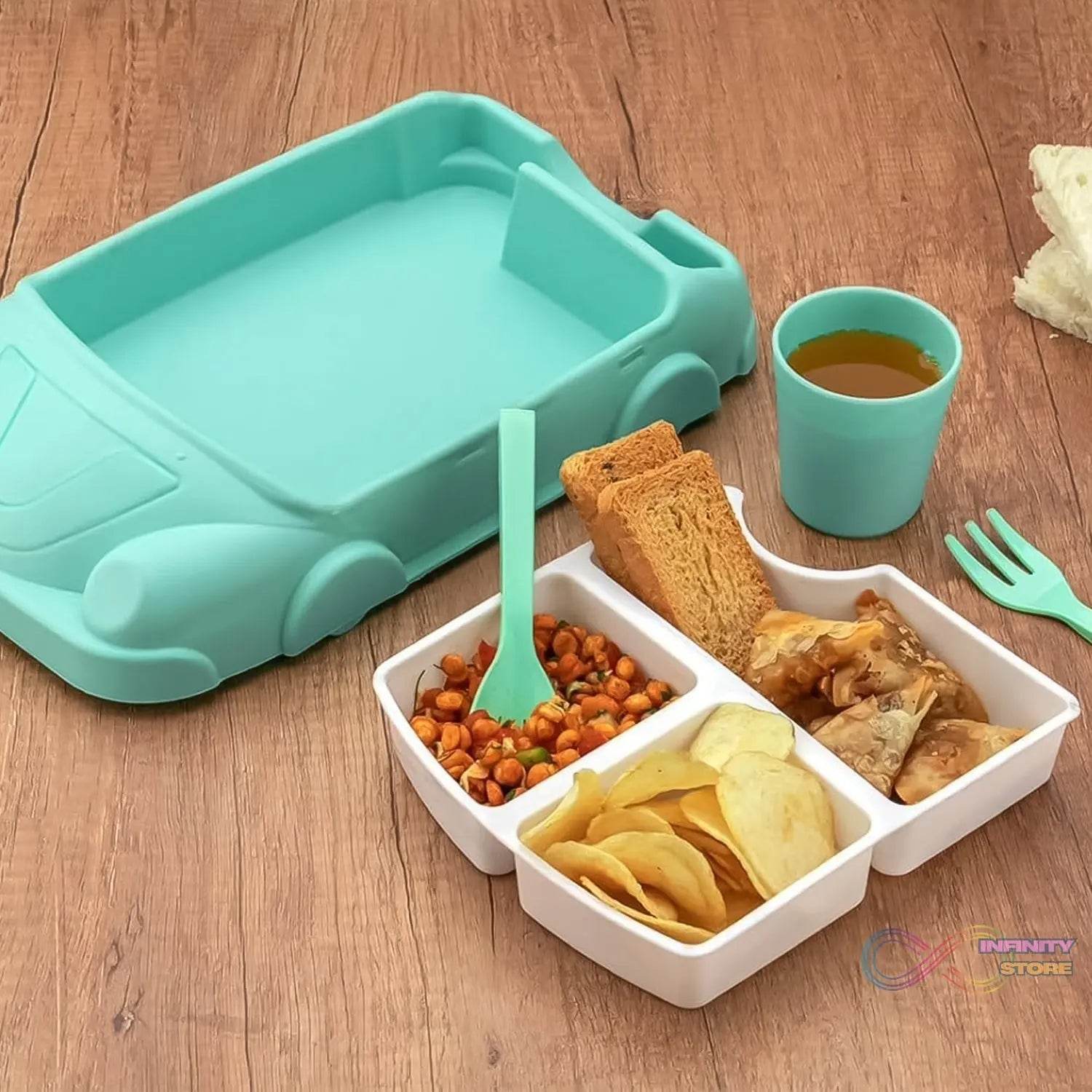 Kid's Car Shaped Plates Cup / Lunch Box Dinnerware Set (4 Pcs Set / 1000 ML Lunch Box) - infinityexculsivestore.com