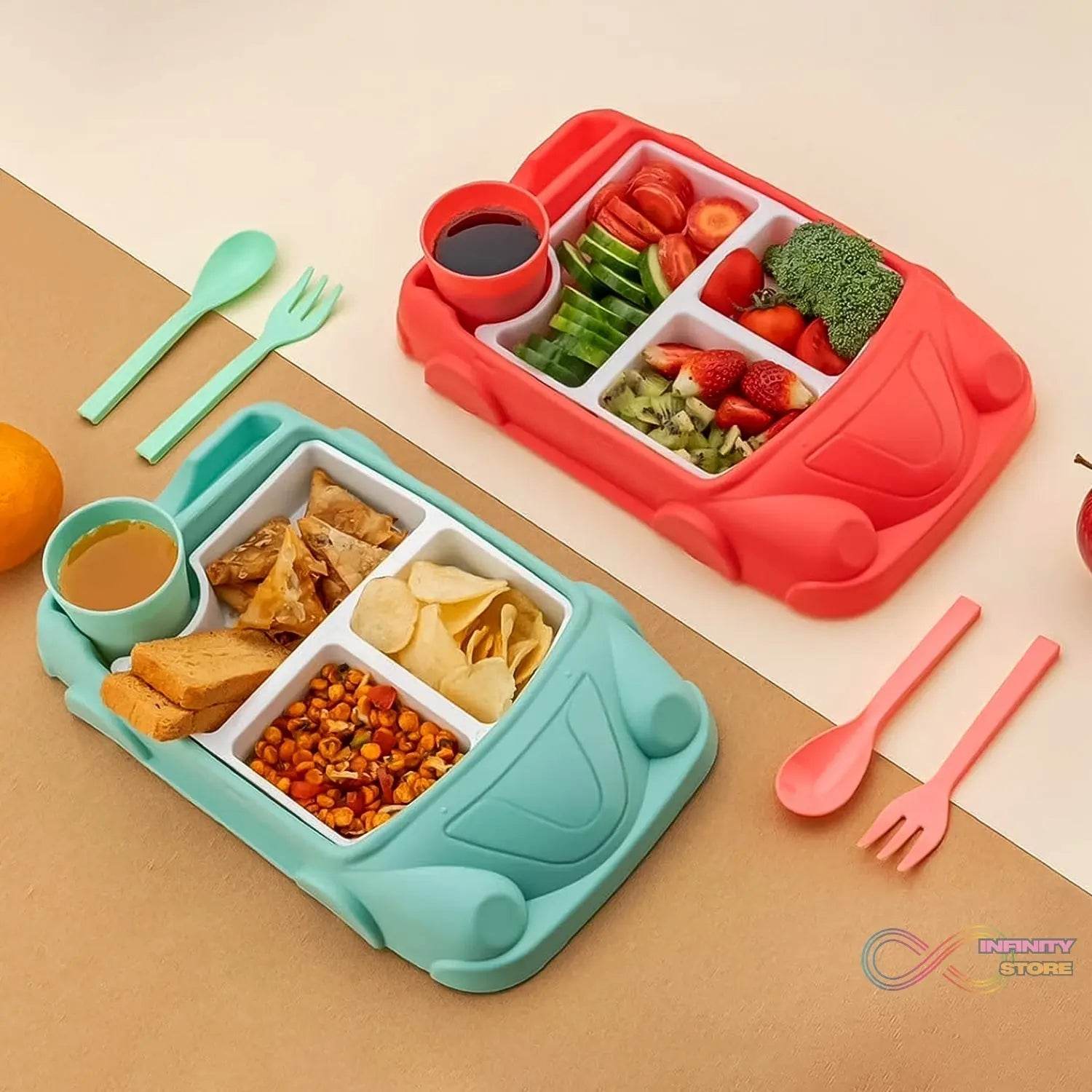 Kid's Car Shaped Plates Cup / Lunch Box Dinnerware Set (4 Pcs Set / 1000 ML Lunch Box) - infinityexculsivestore.com