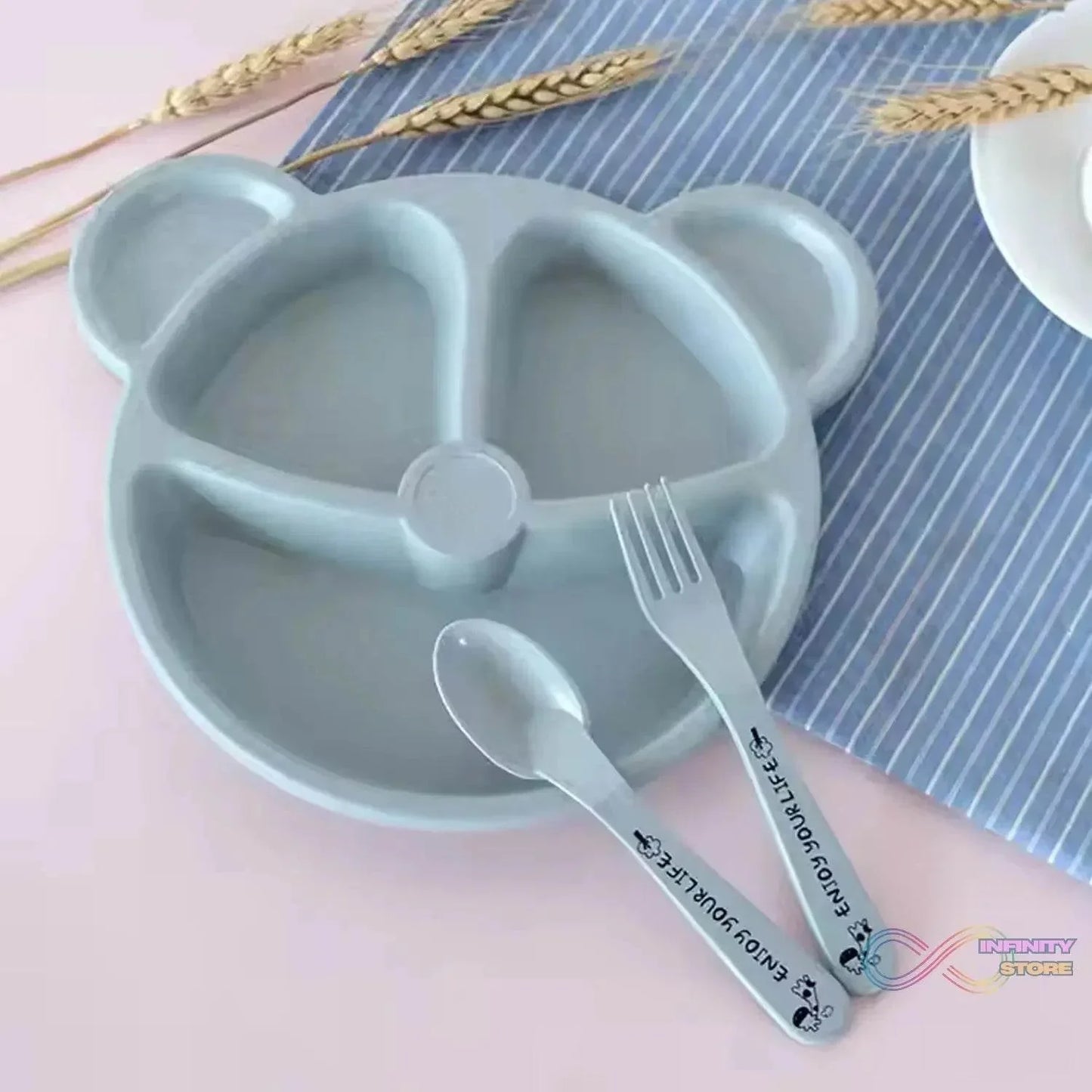 Kids 3 Compartment Food Tray / Plates With Spoon & Fork (1 Set) - infinityexculsivestore.com