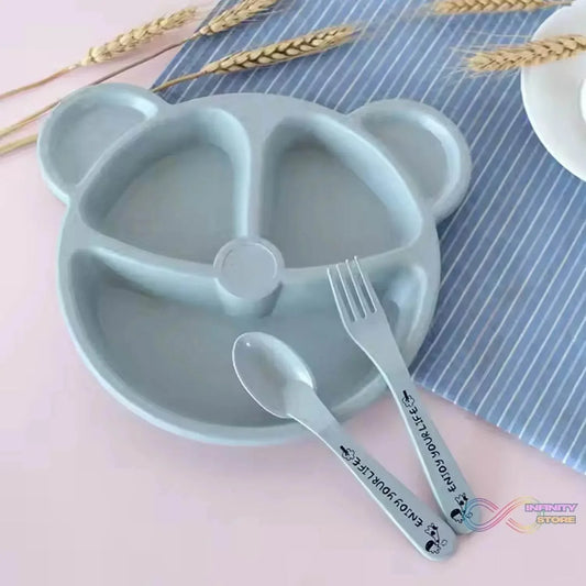 Kids 3 Compartment Food Tray / Plates With Spoon & Fork (1 Set) - infinityexculsivestore.com