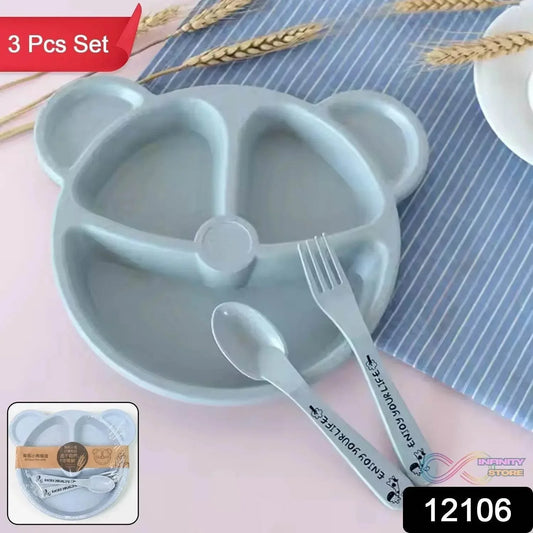 Kids 3 Compartment Food Tray / Plates With Spoon & Fork (1 Set) - infinityexculsivestore.com