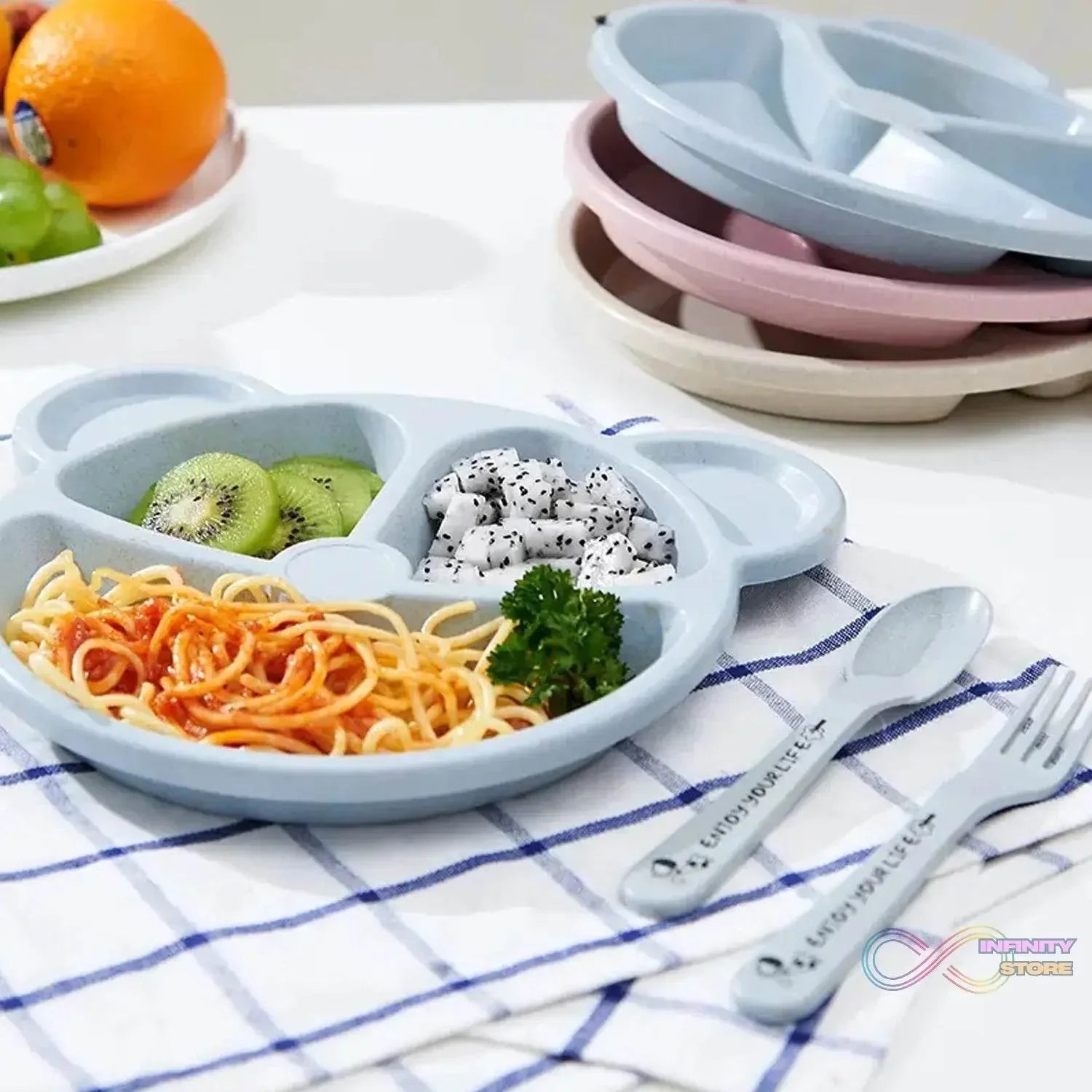 Kids 3 Compartment Food Tray / Plates With Spoon & Fork (1 Set) - infinityexculsivestore.com