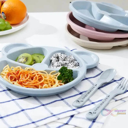 Kids 3 Compartment Food Tray / Plates With Spoon & Fork (1 Set) - infinityexculsivestore.com