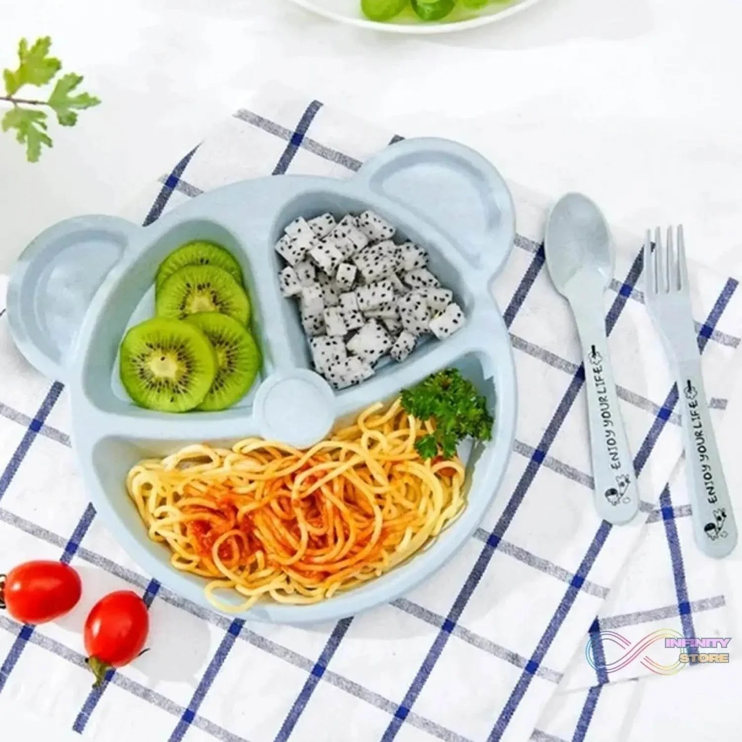 Kids 3 Compartment Food Tray / Plates With Spoon & Fork (1 Set) - infinityexculsivestore.com