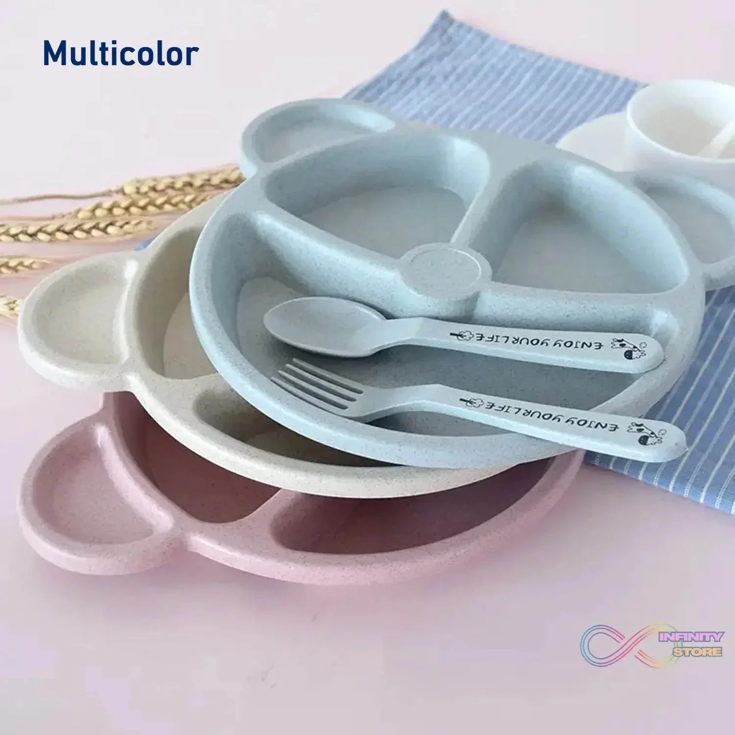 Kids 3 Compartment Food Tray / Plates With Spoon & Fork (1 Set) - infinityexculsivestore.com