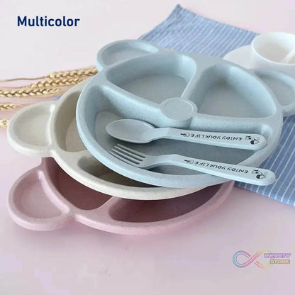 Kids 3 Compartment Food Tray / Plates With Spoon & Fork (1 Set) - infinityexculsivestore.com