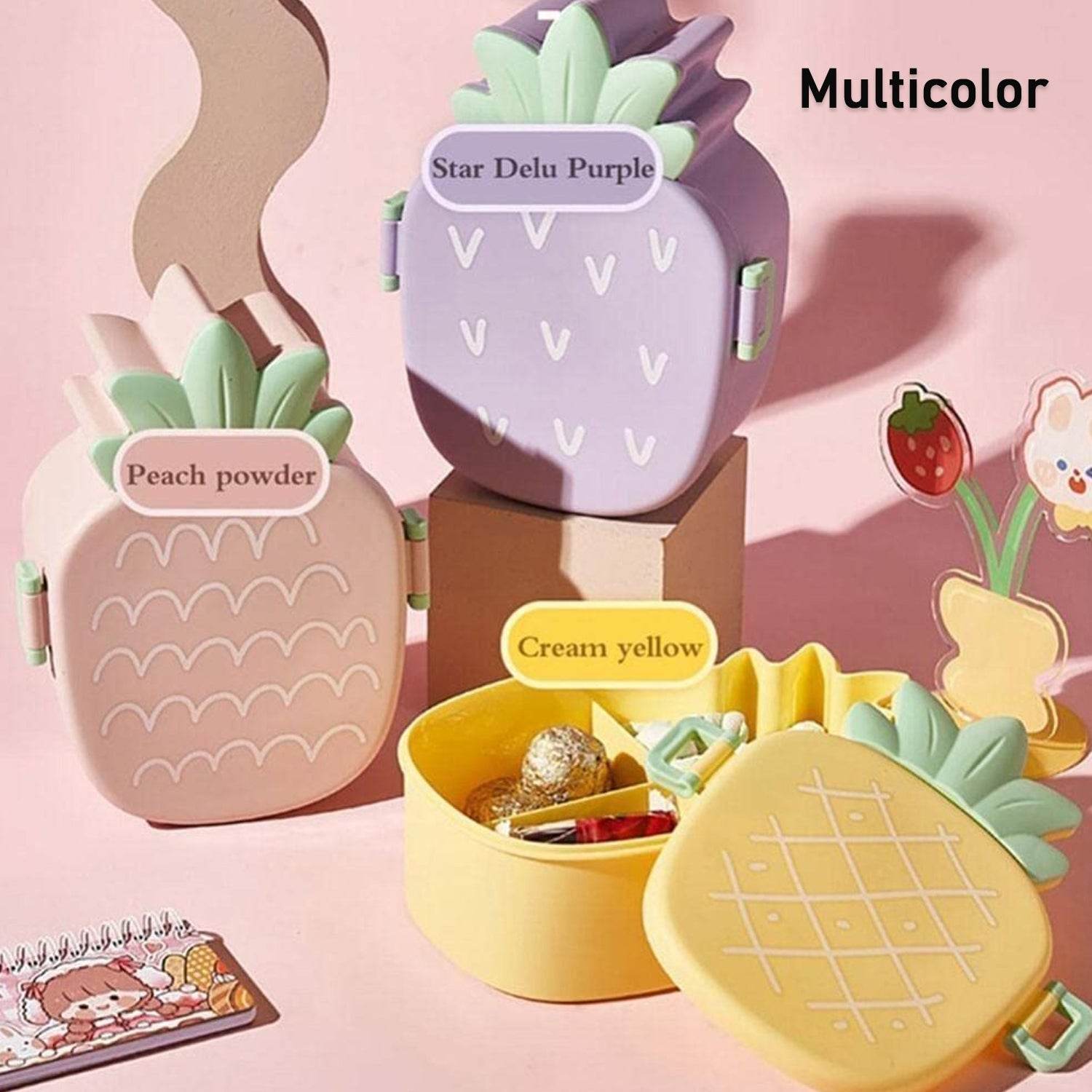 Kids Lunch Box Cute Pineapple Shaped Bento Box with Fork Spoon Snack Container Microwave Portable Office Lunch Box (1 Pc / With Spoon, Fork & Color Box) - infinityexculsivestore.com
