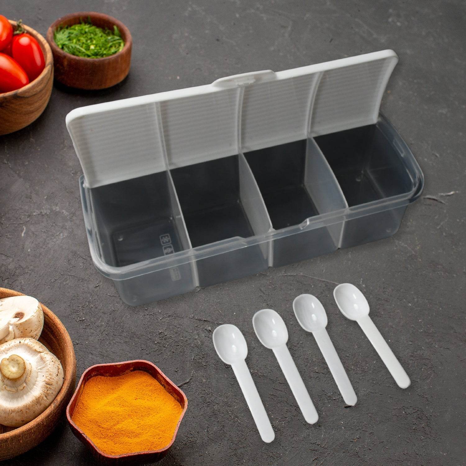 Kitchen Multipurpose Air-tight 4 Sections Storage Containers / Masala Box Pickle (Achar) Jar with 4 spoon for each section (1 Pc / Mix Color) - infinityexculsivestore.com
