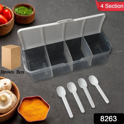 Kitchen Multipurpose Air-tight 4 Sections Storage Containers / Masala Box Pickle (Achar) Jar with 4 spoon for each section (1 Pc / Mix Color) - infinityexculsivestore.com