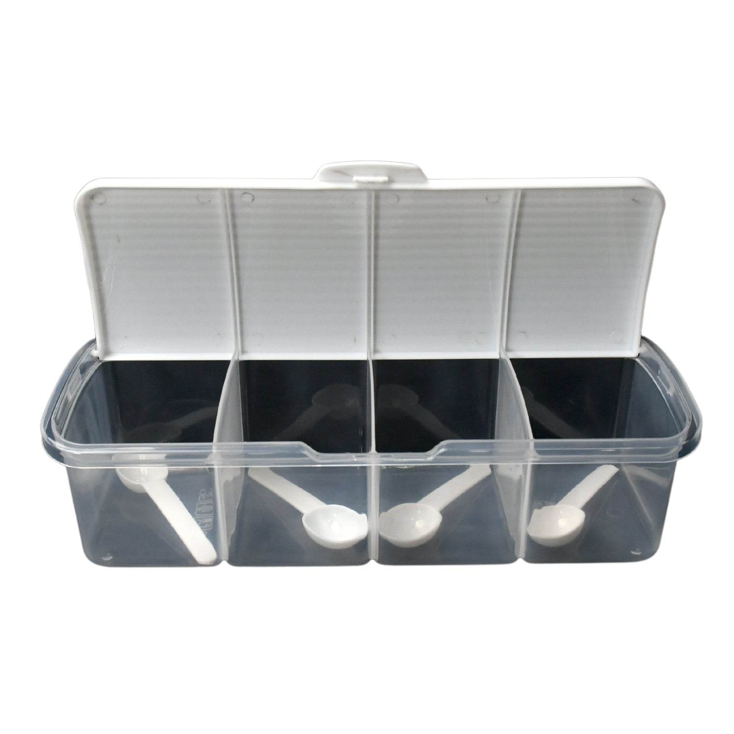 Kitchen Multipurpose Air-tight 4 Sections Storage Containers / Masala Box Pickle (Achar) Jar with 4 spoon for each section (1 Pc / Mix Color) - infinityexculsivestore.com