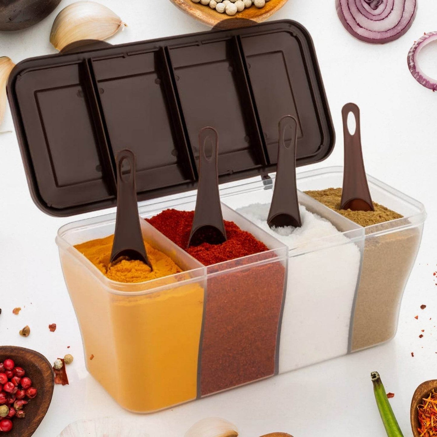 Kitchen Multipurpose Air-tight 4 Sections Storage Containers / Pickle (Achar) Jar with 4 spoon for each section (1 Pc / Mix Color) - infinityexculsivestore.com