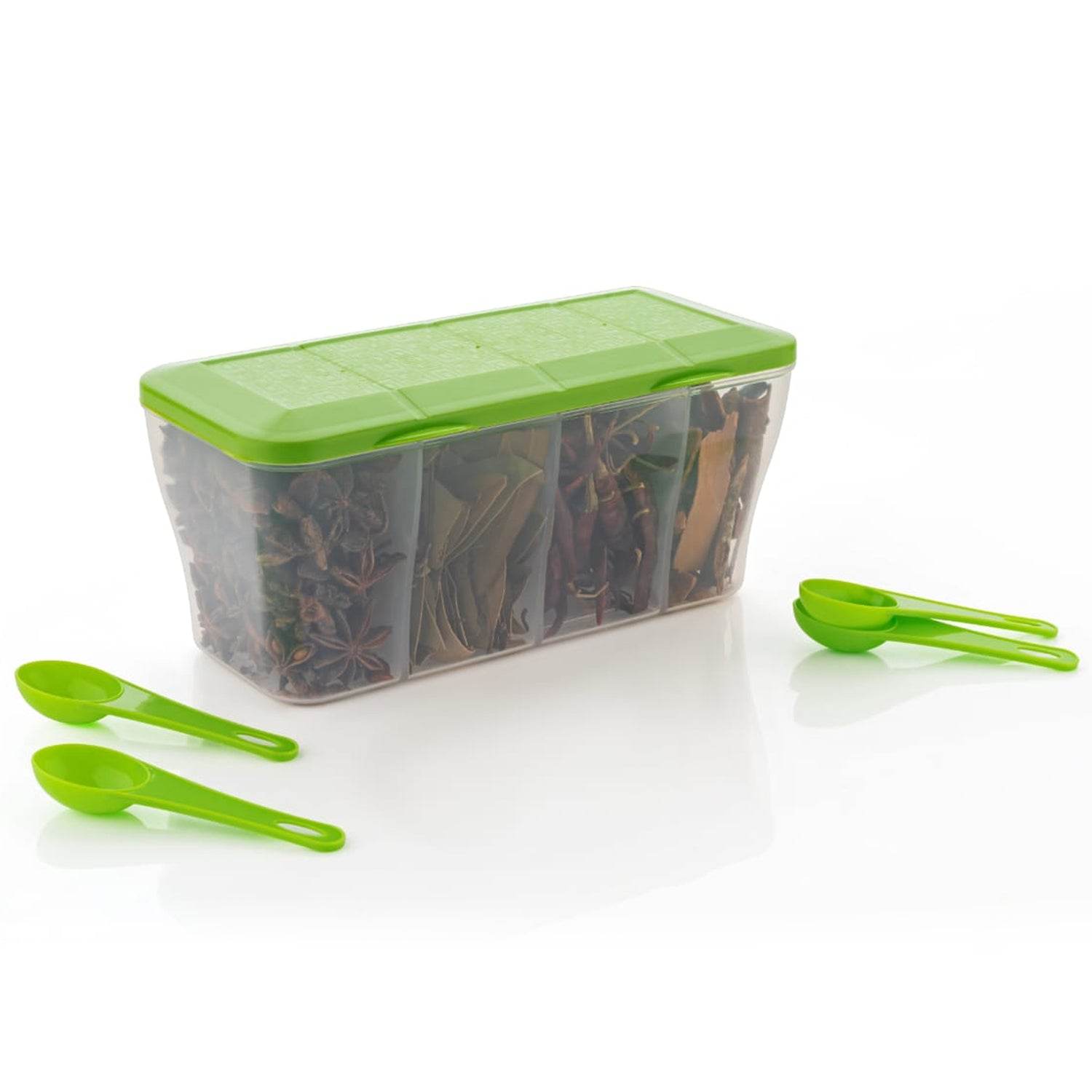 Kitchen Multipurpose Air-tight 4 Sections Storage Containers / Pickle (Achar) Jar with 4 spoon for each section (1 Pc / Mix Color) - infinityexculsivestore.com