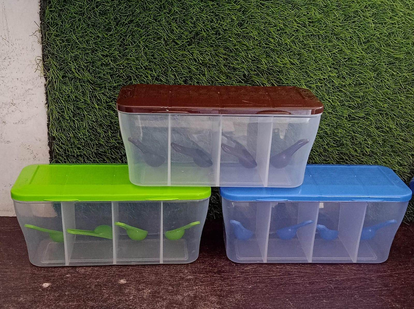 Kitchen Multipurpose Air-tight 4 Sections Storage Containers / Pickle (Achar) Jar with 4 spoon for each section (1 Pc / Mix Color) - infinityexculsivestore.com