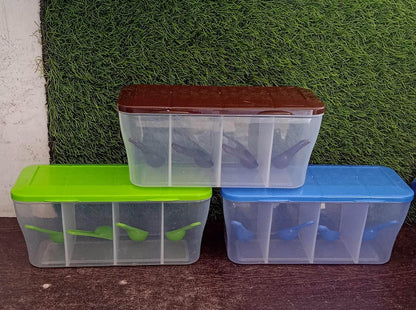 Kitchen Multipurpose Air-tight 4 Sections Storage Containers / Pickle (Achar) Jar with 4 spoon for each section (1 Pc / Mix Color) - infinityexculsivestore.com