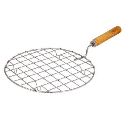 Kitchen Round Stainless Steel Roaster Papad Jali, Barbecue Grill with Wooden Handle - infinityexculsivestore.com