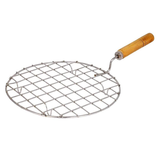 Kitchen Round Stainless Steel Roaster Papad Jali, Barbecue Grill with Wooden Handle - infinityexculsivestore.com