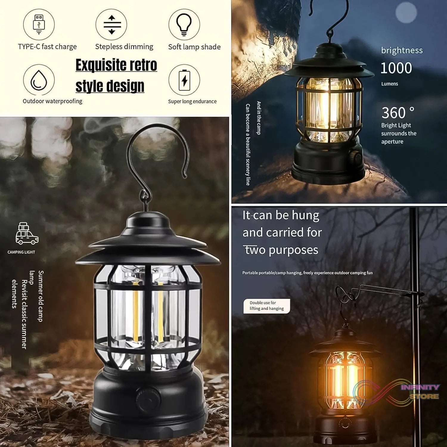 LED Camping Lante Light Retro Style Lighting Battery Type - c Rechargeable (1 Pc) - infinityexculsivestore.com