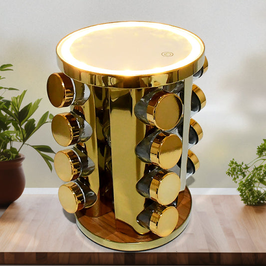 LED Spice Rack Organizer, Rotating Spice Rack with Free 16 Seasoning Jars, Revolving Tower Organizer Stainless Steel for Kitchen Storage (Golden / 16 Pc / MOQ - 6 pc) - infinityexculsivestore.com