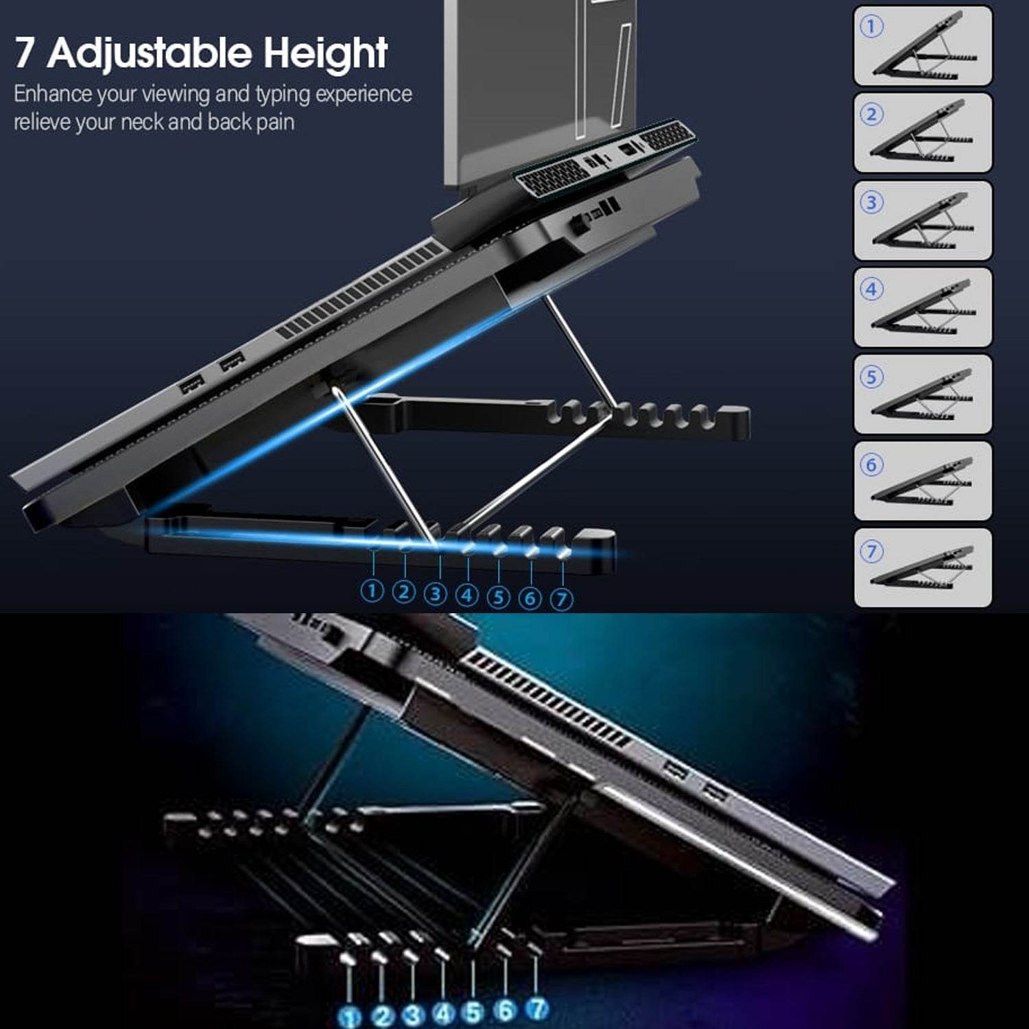 Laptop Cooler Cooling Pad with 2 Quiet Led Fans, Dual USB Ports, Portable Ultra Slim USB Powered 7 Heights Adjustable Laptop Stand for Gaming Laptop - infinityexculsivestore.com